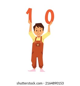 Cute little boy holds number ten above the head, flat vector illustration isolated on white background. Elementary school or kindergarten kid studying math and numbers.