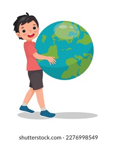 Cute little boy hugging and carrying earth globe showing care for the planet celebrating earth day