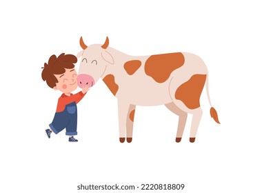Cute little boy hugging cow, cartoon flat vector illustration isolated on white background. Concept of love and friendship between kid and animal.