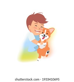 Cute little boy is hugging dog. Best friends ever vector illustration. 