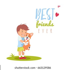 Cute little boy is hugging dog. Best friends ever vector illustration. Friendship day concept.