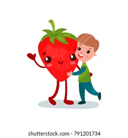 Cute little boy hugging giant strawberry character, best friends, healthy food for kids cartoon vector Illustration