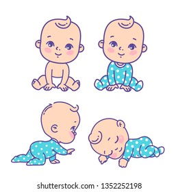 Cute little boy icon set. Collection of vector stickers of little baby boy in blue  pajamas, diaper. Child sleeping, sitting, crawling. Emblem of kid health. Vector color illustration.