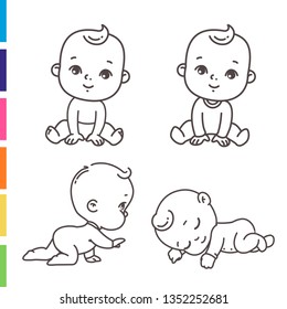Cute little boy icon set. Coloring page of outline  stickers of little baby boy in pajamas, diaper. Child sleeping, sitting, crawling. Emblem of kid health. Vector monochrome illustration.