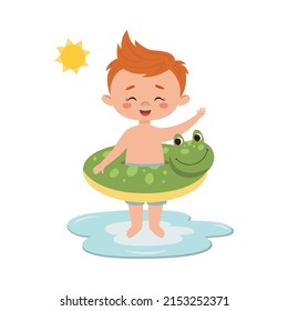 Cute little boy with an inflatable swimming circle in form of frog. Children on beach, summer holidays and activity, vacation at sea concept. Vector cartoon illustration