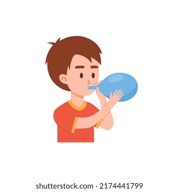 Cute little boy inflates rubber balloon, kids party concept, flat vector illustration isolated on white background. Child plays with inflatable balloon.