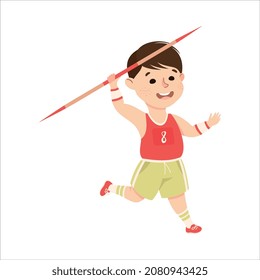 Cute Little Boy Javelin Throwing Practicing Sport and Physical Activity Vector Illustration