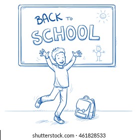 Cute little boy jumping with joy and laughter, in front of chalk board. Hand drawn cartoon doodle vector illustration.