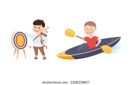 Cute Little Boy Kayaking with Oar on Boat and Doing Archery Practicing Sport and Physical Activity Vector Set