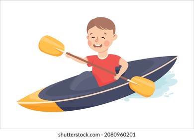 Cute Little Boy Kayaking with Paddle Practicing Sport and Physical Activity Vector Illustration