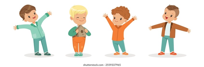 Cute Little Boy Kid Character in Warm Season Vector Set