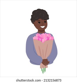 Cute little boy kid holding tulip flowers. Child boy preparing to present flowers to mom. Flat style vector illustration isolated on white background.