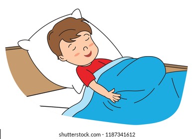 cute Little boy kid kindergarten sleeping in the bed pillow blanket eye closed