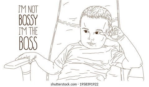 Cute Little Boy Kid Sitting In Office Chair Self Confident Like Bog Boss Vector Illustration, Funny Businessman Bossy Child, Director And Powerful Leader Humorous Concept.