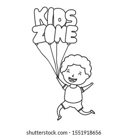 cute little boy with kids zone balloons helium vector illustration design