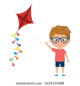 cute little boy with kite isolated icon vector illustration design
