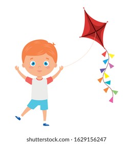 cute little boy with kite isolated icon vector illustration design