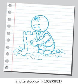 Cute little boy kneeling and playing in sand.He is happy!