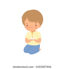 Cute Little Boy Kneeling and Praying Cartoon Vector Illustration