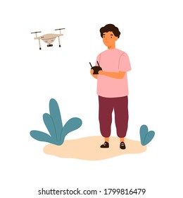 Cute little boy launching drone outdoor vector flat illustration. Smiling guy holding remote control of quadcopter isolated on white. Joyful kid playing with modern digital device at park