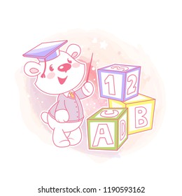 Cute little boy learn numbers and letters. Arithmetic class. Little student. White bear in graduation cap. kid club emblem. Funny cartoon character. Vector illustration. Isolated on white background. 