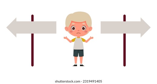 Cute little boy looking at road sign and decide the right way. Template for children design. Cartoon schoolboy character. Vector illustration.