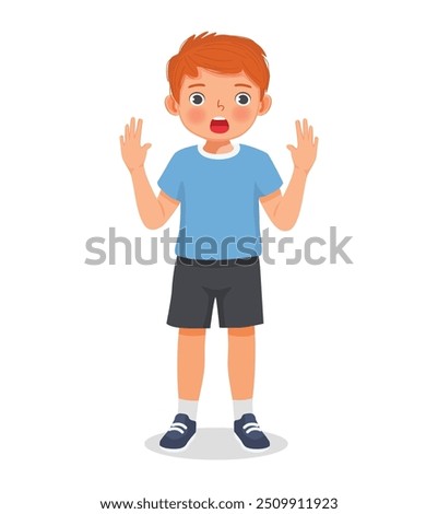 Cute little boy looking surprised with open mouth and arms
