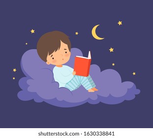 Cute Little Boy Lying on a Cloud at Night Sky and Reading a Book Vector Illustration