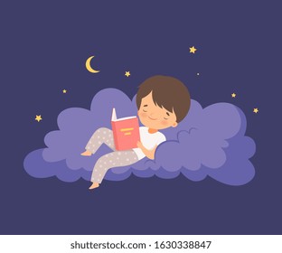 Cute Little Boy Lying On A Cloud At Night Sky And Reading A Bedtime Story Vector Illustration