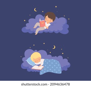 Cute Little Boy Lying on Soft Cloud at Night and Reading Bedtime Story Vector Set