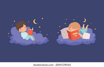 Cute Little Boy Lying on Soft Cloud at Night and Reading Bedtime Story Vector Set