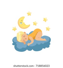 Cute little boy lying on cloud and sleeping under the Moon and stars, child resting at night, kids imagination and dreams vector illustration