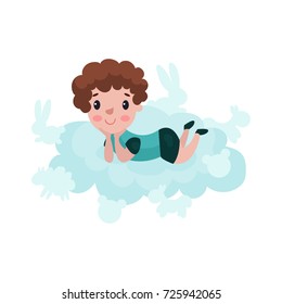 Cute little boy lying on a cloud, kid fantasizes and dreams cartoon vector Illustration
