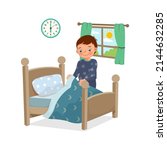 cute little boy making bed arranging pillow and bed cover neat doing his housework chores in the morning at home