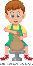 cute little boy making pottery clay pot