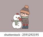 Cute little boy making a snowman on a winter day, minimal line art vector illustration.