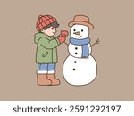 Cute little boy making a snowman on a winter day, minimal line art vector illustration.