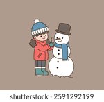 Cute little boy making a snowman on a winter day, minimal line art vector illustration.