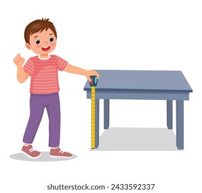 Cute little boy measuring height of table with tape