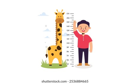 Cute Little Boy Measuring His Height with Cute Animal Growth Ruler on White Background Illustration