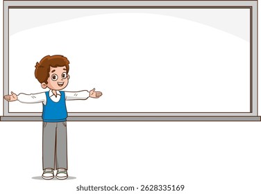 cute little boy measuring length with his arms vector illustration.