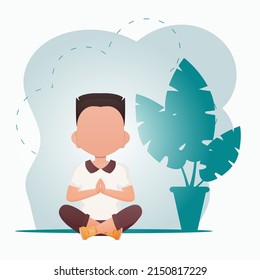 A cute little boy is meditating in the room. Healthy life concept. Cartoon style. Vector illustration.