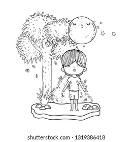 cute little boy with moon kawaii in the landscape
