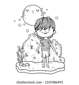 cute little boy with moon kawaii in the landscape