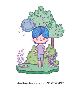 cute little boy with moon kawaii in the landscape