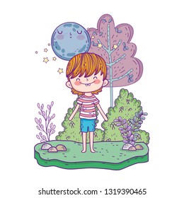 cute little boy with moon kawaii in the landscape
