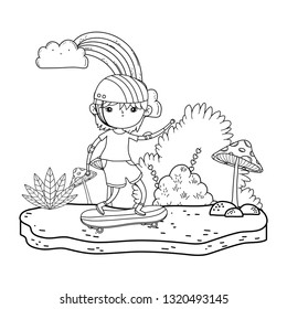 cute little boy mounted in skateboard in the landscape