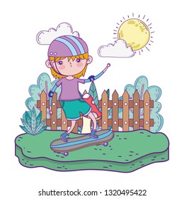 cute little boy mounted in skateboard in the landscape