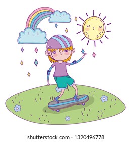 cute little boy mounted in skateboard in the landscape
