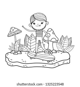 cute little boy mounted in skateboard in the landscape